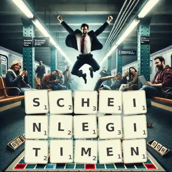 Kreative Illustration für ein Scrabble-Spiel, bei dem das Wort SCHEINLEGITIMEN mit Steinen auf dem Brett gelegt wurde.