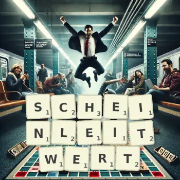 Kreative Illustration für ein Scrabble-Spiel, bei dem das Wort SCHEINLEITWERT mit Steinen auf dem Brett gelegt wurde.