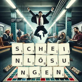 Kreative Illustration für ein Scrabble-Spiel, bei dem das Wort SCHEINLÖSUNGEN mit Steinen auf dem Brett gelegt wurde.