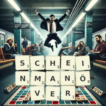 Kreative Illustration für ein Scrabble-Spiel, bei dem das Wort SCHEINMANÖVER mit Steinen auf dem Brett gelegt wurde.