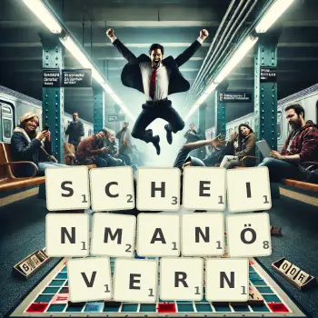 Kreative Illustration für ein Scrabble-Spiel, bei dem das Wort SCHEINMANÖVERN mit Steinen auf dem Brett gelegt wurde.
