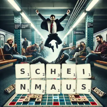 Kreative Illustration für ein Scrabble-Spiel, bei dem das Wort SCHEINMAUS mit Steinen auf dem Brett gelegt wurde.