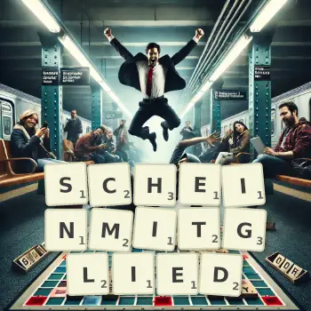 Kreative Illustration für ein Scrabble-Spiel, bei dem das Wort SCHEINMITGLIED mit Steinen auf dem Brett gelegt wurde.