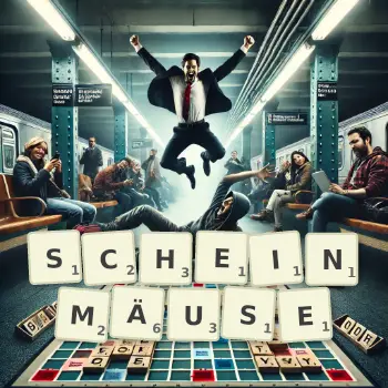 Kreative Illustration für ein Scrabble-Spiel, bei dem das Wort SCHEINMÄUSE mit Steinen auf dem Brett gelegt wurde.