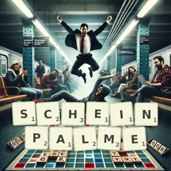 Kreative Illustration für ein Scrabble-Spiel, bei dem das Wort SCHEINPALME mit Steinen auf dem Brett gelegt wurde.