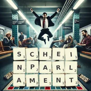 Kreative Illustration für ein Scrabble-Spiel, bei dem das Wort SCHEINPARLAMENT mit Steinen auf dem Brett gelegt wurde.