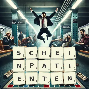 Kreative Illustration für ein Scrabble-Spiel, bei dem das Wort SCHEINPATIENTEN mit Steinen auf dem Brett gelegt wurde.