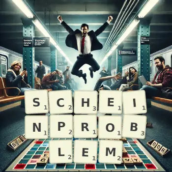 Kreative Illustration für ein Scrabble-Spiel, bei dem das Wort SCHEINPROBLEM mit Steinen auf dem Brett gelegt wurde.
