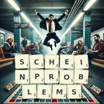 Kreative Illustration für ein Scrabble-Spiel, bei dem das Wort SCHEINPROBLEMS mit Steinen auf dem Brett gelegt wurde.