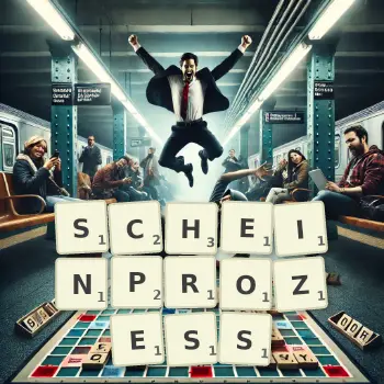 Kreative Illustration für ein Scrabble-Spiel, bei dem das Wort SCHEINPROZESS mit Steinen auf dem Brett gelegt wurde.