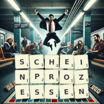 Kreative Illustration für ein Scrabble-Spiel, bei dem das Wort SCHEINPROZESSEN mit Steinen auf dem Brett gelegt wurde.