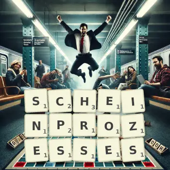 Kreative Illustration für ein Scrabble-Spiel, bei dem das Wort SCHEINPROZESSES mit Steinen auf dem Brett gelegt wurde.