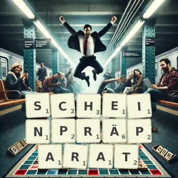 Kreative Illustration für ein Scrabble-Spiel, bei dem das Wort SCHEINPRÄPARAT mit Steinen auf dem Brett gelegt wurde.