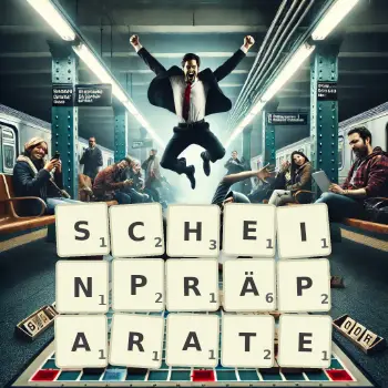 Kreative Illustration für ein Scrabble-Spiel, bei dem das Wort SCHEINPRÄPARATE mit Steinen auf dem Brett gelegt wurde.