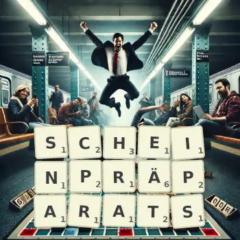 Kreative Illustration für ein Scrabble-Spiel, bei dem das Wort SCHEINPRÄPARATS mit Steinen auf dem Brett gelegt wurde.
