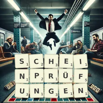 Kreative Illustration für ein Scrabble-Spiel, bei dem das Wort SCHEINPRÜFUNGEN mit Steinen auf dem Brett gelegt wurde.