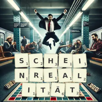 Kreative Illustration für ein Scrabble-Spiel, bei dem das Wort SCHEINREALITÄT mit Steinen auf dem Brett gelegt wurde.