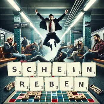 Kreative Illustration für ein Scrabble-Spiel, bei dem das Wort SCHEINREBEN mit Steinen auf dem Brett gelegt wurde.
