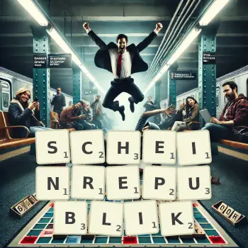 Kreative Illustration für ein Scrabble-Spiel, bei dem das Wort SCHEINREPUBLIK mit Steinen auf dem Brett gelegt wurde.