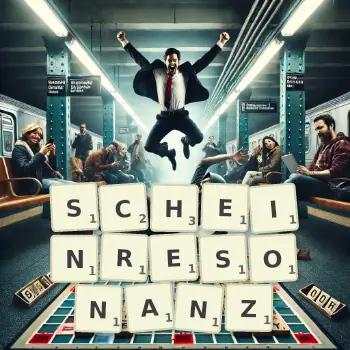 Kreative Illustration für ein Scrabble-Spiel, bei dem das Wort SCHEINRESONANZ mit Steinen auf dem Brett gelegt wurde.