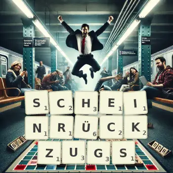 Kreative Illustration für ein Scrabble-Spiel, bei dem das Wort SCHEINRÜCKZUGS mit Steinen auf dem Brett gelegt wurde.