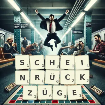 Kreative Illustration für ein Scrabble-Spiel, bei dem das Wort SCHEINRÜCKZÜGE mit Steinen auf dem Brett gelegt wurde.