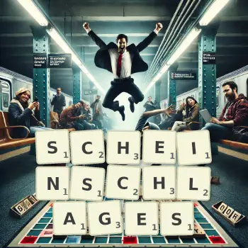 Kreative Illustration für ein Scrabble-Spiel, bei dem das Wort SCHEINSCHLAGES mit Steinen auf dem Brett gelegt wurde.