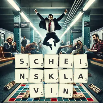 Kreative Illustration für ein Scrabble-Spiel, bei dem das Wort SCHEINSKLAVIN mit Steinen auf dem Brett gelegt wurde.