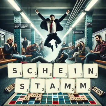 Kreative Illustration für ein Scrabble-Spiel, bei dem das Wort SCHEINSTAMM mit Steinen auf dem Brett gelegt wurde.