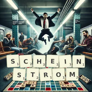 Kreative Illustration für ein Scrabble-Spiel, bei dem das Wort SCHEINSTROM mit Steinen auf dem Brett gelegt wurde.