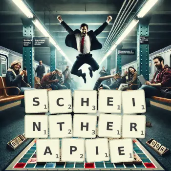 Kreative Illustration für ein Scrabble-Spiel, bei dem das Wort SCHEINTHERAPIE mit Steinen auf dem Brett gelegt wurde.