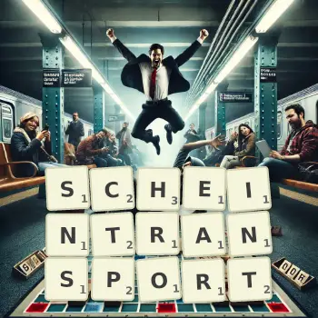 Kreative Illustration für ein Scrabble-Spiel, bei dem das Wort SCHEINTRANSPORT mit Steinen auf dem Brett gelegt wurde.