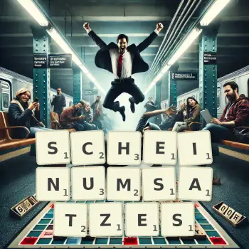 Kreative Illustration für ein Scrabble-Spiel, bei dem das Wort SCHEINUMSATZES mit Steinen auf dem Brett gelegt wurde.
