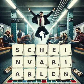 Kreative Illustration für ein Scrabble-Spiel, bei dem das Wort SCHEINVARIABLEN mit Steinen auf dem Brett gelegt wurde.