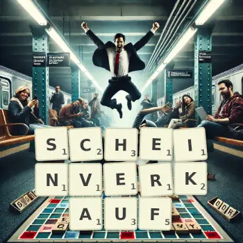 Kreative Illustration für ein Scrabble-Spiel, bei dem das Wort SCHEINVERKAUF mit Steinen auf dem Brett gelegt wurde.