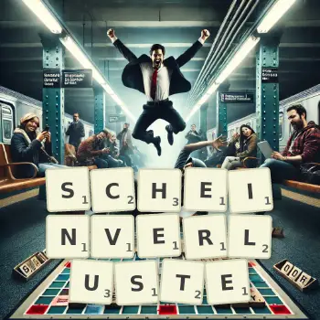 Kreative Illustration für ein Scrabble-Spiel, bei dem das Wort SCHEINVERLUSTE mit Steinen auf dem Brett gelegt wurde.