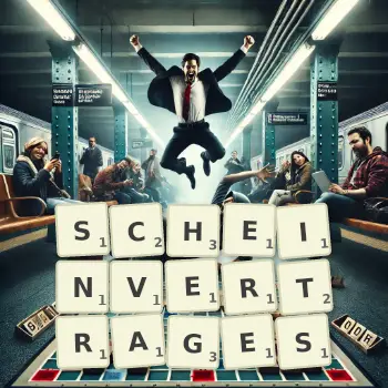 Kreative Illustration für ein Scrabble-Spiel, bei dem das Wort SCHEINVERTRAGES mit Steinen auf dem Brett gelegt wurde.