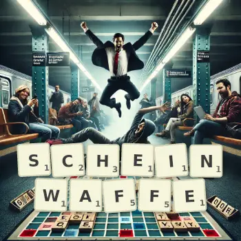 Kreative Illustration für ein Scrabble-Spiel, bei dem das Wort SCHEINWAFFE mit Steinen auf dem Brett gelegt wurde.