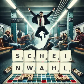 Kreative Illustration für ein Scrabble-Spiel, bei dem das Wort SCHEINWAHL mit Steinen auf dem Brett gelegt wurde.