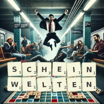 Kreative Illustration für ein Scrabble-Spiel, bei dem das Wort SCHEINWELTEN mit Steinen auf dem Brett gelegt wurde.
