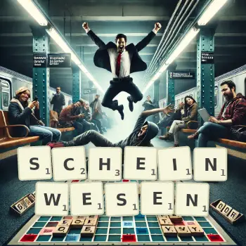 Kreative Illustration für ein Scrabble-Spiel, bei dem das Wort SCHEINWESEN mit Steinen auf dem Brett gelegt wurde.