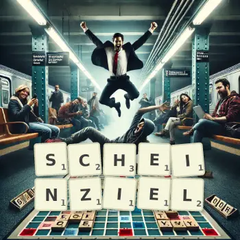 Kreative Illustration für ein Scrabble-Spiel, bei dem das Wort SCHEINZIEL mit Steinen auf dem Brett gelegt wurde.