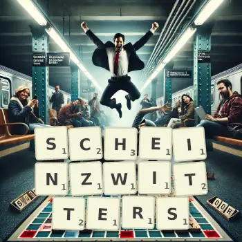 Kreative Illustration für ein Scrabble-Spiel, bei dem das Wort SCHEINZWITTERS mit Steinen auf dem Brett gelegt wurde.