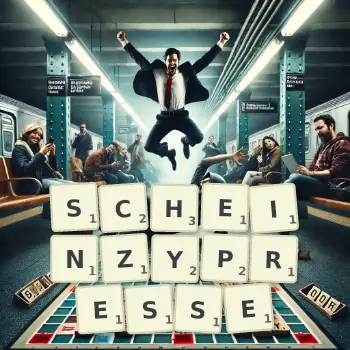 Kreative Illustration für ein Scrabble-Spiel, bei dem das Wort SCHEINZYPRESSE mit Steinen auf dem Brett gelegt wurde.