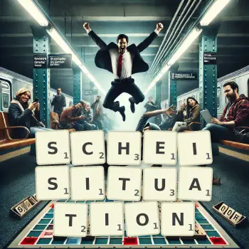Kreative Illustration für ein Scrabble-Spiel, bei dem das Wort SCHEISITUATION mit Steinen auf dem Brett gelegt wurde.