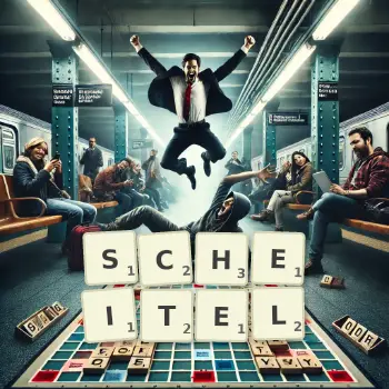 Kreative Illustration für ein Scrabble-Spiel, bei dem das Wort SCHEITEL mit Steinen auf dem Brett gelegt wurde.