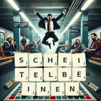 Kreative Illustration für ein Scrabble-Spiel, bei dem das Wort SCHEITELBEINEN mit Steinen auf dem Brett gelegt wurde.
