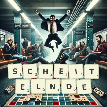Kreative Illustration für ein Scrabble-Spiel, bei dem das Wort SCHEITELNDE mit Steinen auf dem Brett gelegt wurde.