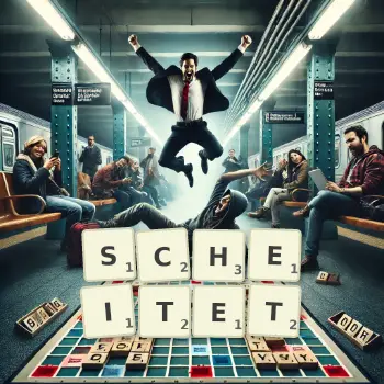 Kreative Illustration für ein Scrabble-Spiel, bei dem das Wort SCHEITET mit Steinen auf dem Brett gelegt wurde.