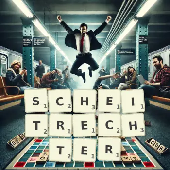 Kreative Illustration für ein Scrabble-Spiel, bei dem das Wort SCHEITRECHTER mit Steinen auf dem Brett gelegt wurde.